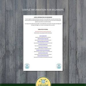 Puede incluir: Una vista previa de un archivo PDF que muestra un ejemplo de dise&ntilde;o de punto de cruz. El archivo incluye una secci&oacute;n con informaci&oacute;n &uacute;til para principiantes, incluido un tutorial de punto de cruz con enlaces a recursos &uacute;tiles. El texto dice "C&oacute;mo se ve el archivo PDF" y "Informaci&oacute;n &uacute;til para principiantes".