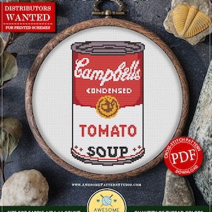 Peut inclure: Un modèle de point de croix compté pour une boîte de soupe tomate Campbell's. Le motif est dans un cerceau de broderie en bois et est prêt à être téléchargé instantanément. Le motif mesure 61 x 103 points et utilise 7 couleurs de fil DMC.