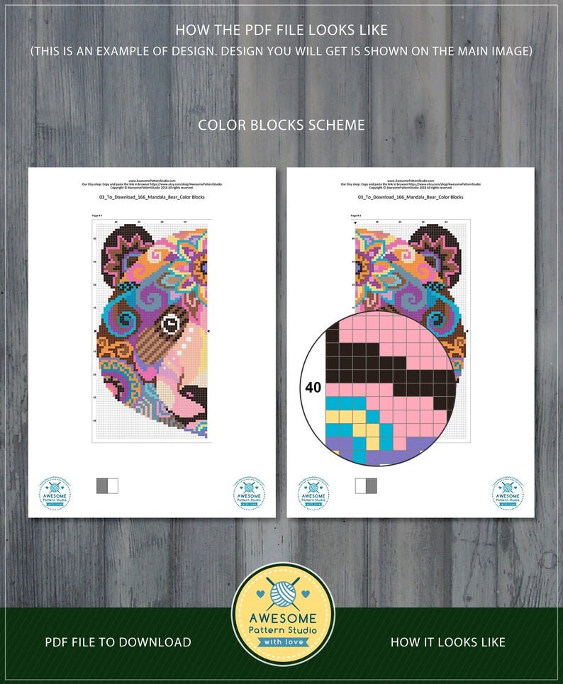 May include: A digital PDF file showing a color block pattern for a mandala bear cross stitch design. The design is shown in two ways: a full color image and a color block chart. The chart shows 40 different colors.