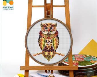 Mandala Owl Cross Stitch Pattern and Kit - Modern Cross Stitch Needlework Art, CS539