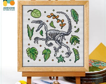 Velociraptor Dinosaur Skeleton Cross Stitch Pattern and Kit - Modern Needlework Art for Hoop, Fun and Simple Embroidery Sampler, CS2090