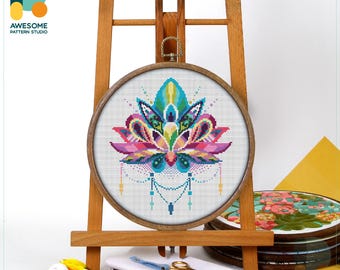 Mandala Lotus Cross Stitch Pattern and Kit - Modern Needlework Art for Relaxation and Creativity, CS168