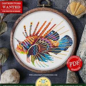 May include: Counted cross stitch pattern for instant download, featuring a colorful mandala-style dragon fish design. The pattern is available as a PDF download and is suitable for Aida fabric with a 16 count. The pattern measures 17.62 inches by 14.76 inches and uses 18 colors of DMC thread.