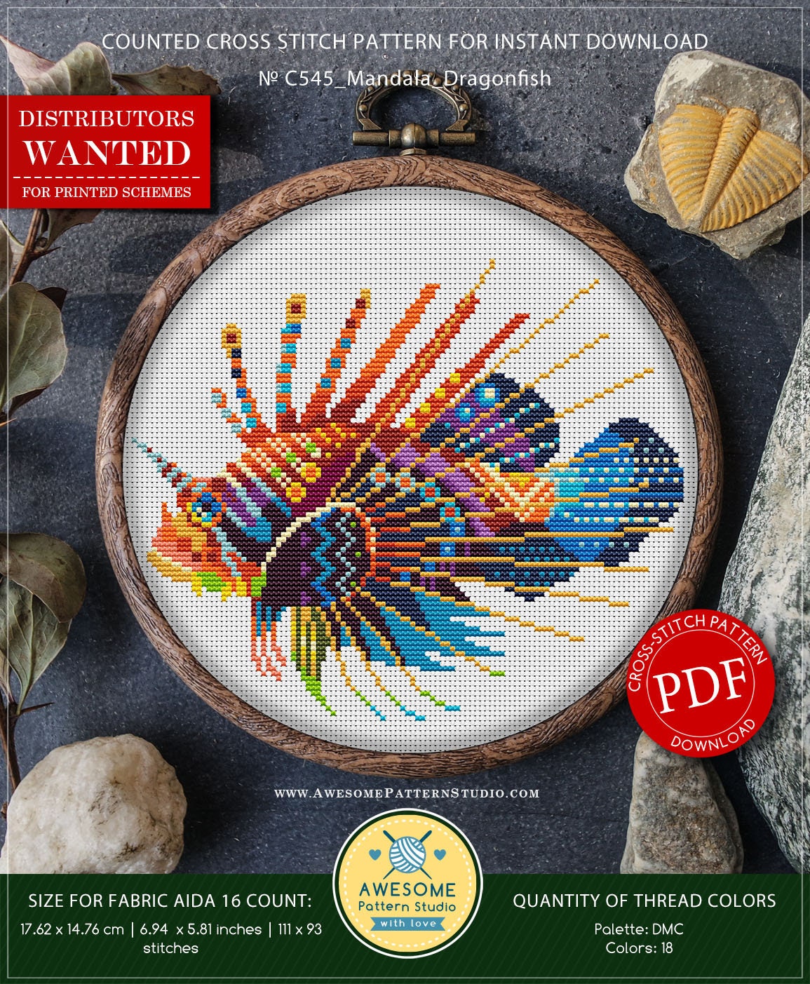 Mandala Dragonfish #P545 Embroidery Cross Stitch Pattern Instant