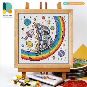 Astronaut Rainbow Ride Cross Stitch Kit and Pattern: Modern Needlework Art, Funny Embroidery Sampler for Creative Hoop Art, CS2163