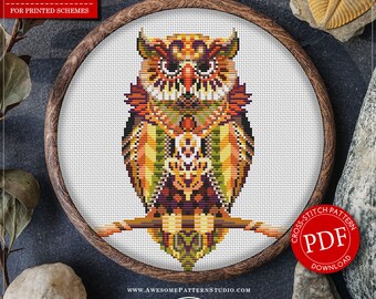 May include: Counted cross stitch pattern for instant download, featuring a colorful mandala owl design. The pattern is for aida fabric with a 16 count, measuring 6.00 x 7.19 inches or 96 x 115 stitches. The pattern uses 18 DMC colors.