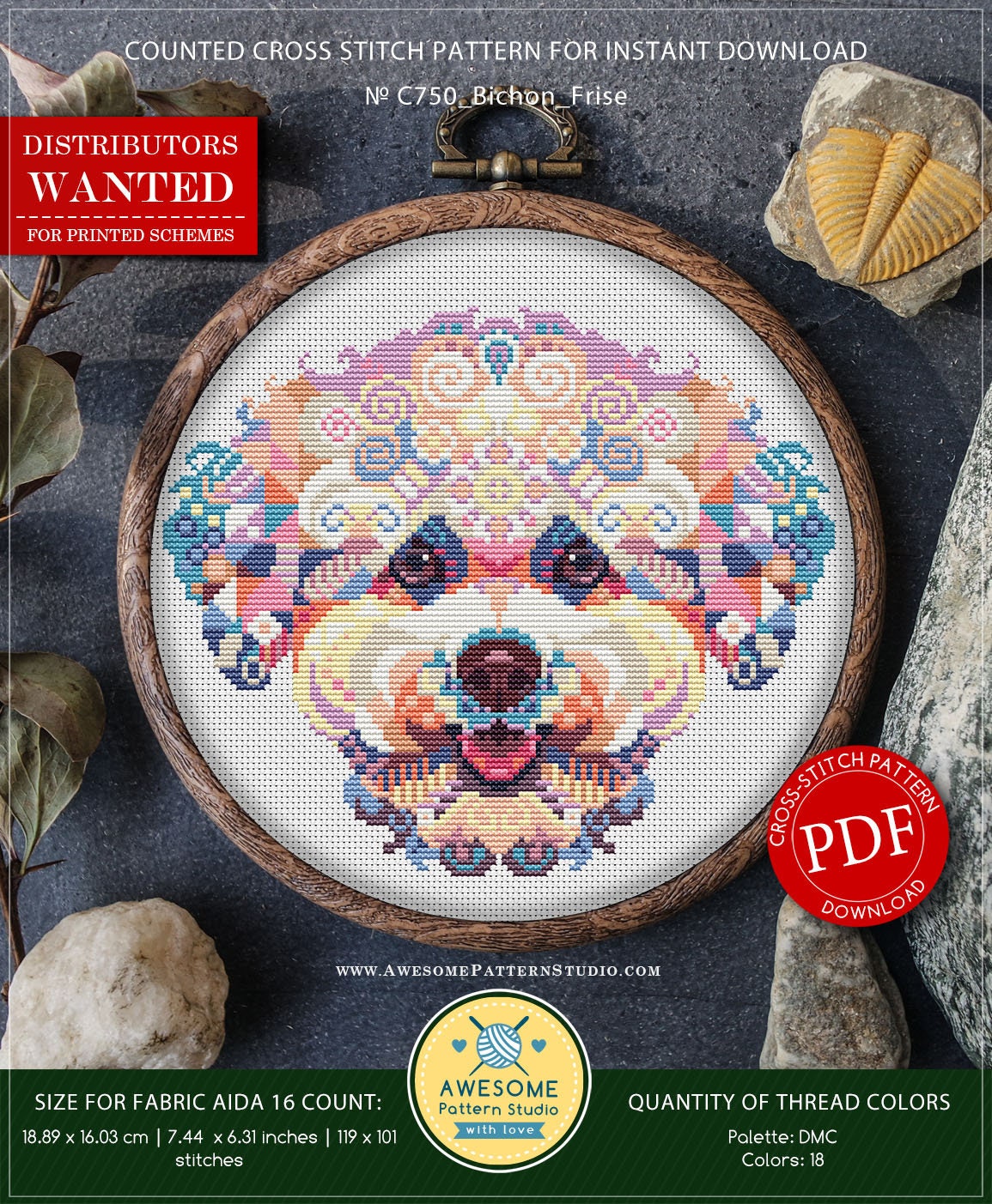 ビション・フリーゼ #P750 PDFクロスステッチパターン クロスステッチ