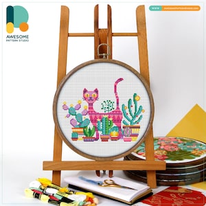 Pink Cat and Flower Pots Cross Stitch Kit and Pattern, Modern Needlework Art, Embroidery Sampler for Charming Hoop Art Decor, CS1581