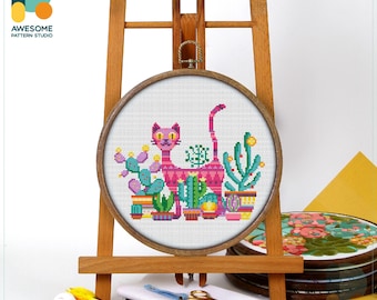 Pink Cat and Flower Pots Cross Stitch Kit and Pattern, Modern Needlework Art, Embroidery Sampler for Charming Hoop Art Decor, CS1581
