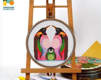 Penguin Family Sunrise Cross Stitch Pattern and Kit: Modern Cross Stitch Needlework Art for Embroidery Lovers, CS1622