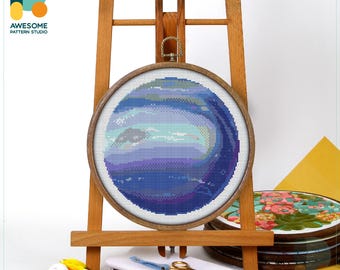 Neptune in Space Cross Stitch Pattern and Kit - Modern Cross Stitch and Needlework Art for Creative Hoop Art Enthusiasts, CS861