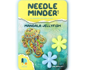 Needle Minder Set - Mandala Jellyfish Magnetic Needle Minder + 2 Needle Threaders + Embroidery Scissors. Enamel Pin for Cross Stitch