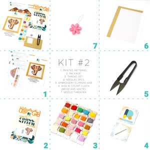 May include: A cross-stitch kit with printed patterns, thread, needles, clippers, Aida cloth, and a needle threader. The kit includes a pattern with an elephant design. The kit is labeled "KIT #2".