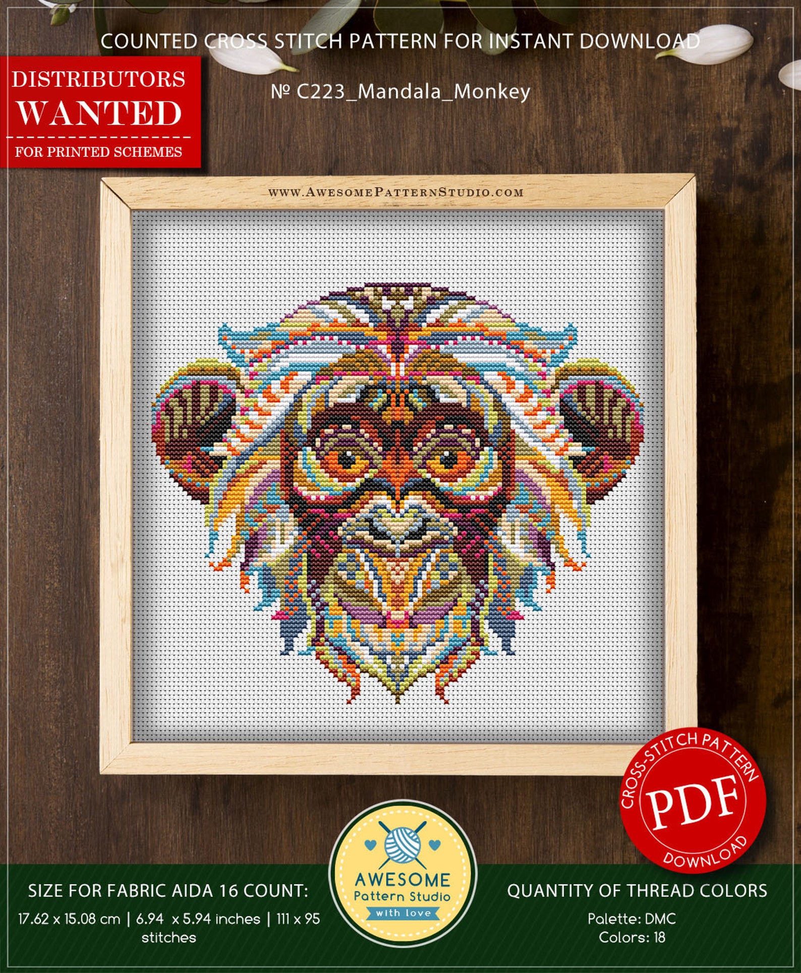 Mandala Monkey #P223 Embroidery Cross Stitch PDF Pattern Download ...