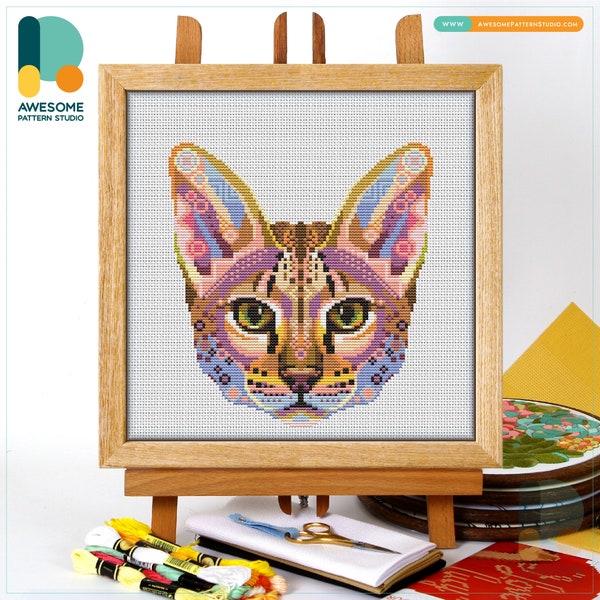 Mandala Savannah Cat CS2405, Counted Cross Stitch Pattern KIT and PDF | Embroidery Pdf Pattern Download | Cross Stitch Kits