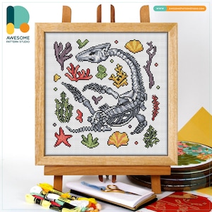 Plesiosaurus Dinosaur Skeleton Cross Stitch Pattern and Kit: Modern Needlework Art for Dinosaur Lovers, PDF Pattern Included, CS2156