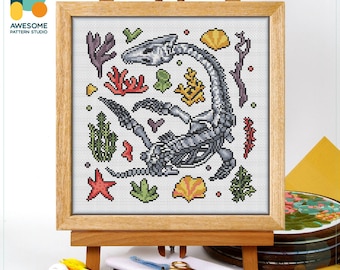 Plesiosaurus Dinosaur Skeleton Cross Stitch Pattern and Kit: Modern Needlework Art for Dinosaur Lovers, PDF Pattern Included, CS2156