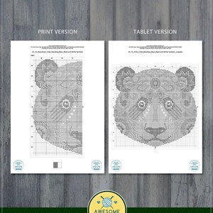May include: A digital download of a cross-stitch pattern for a panda bear. The pattern is shown in two versions: a print version and a tablet version. The pattern is black and white and uses symbols.