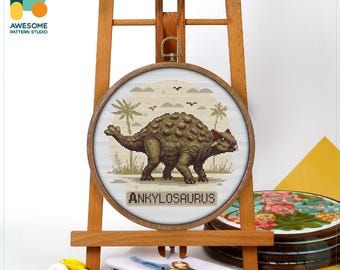 Dinosaur Ankylosaurus Cross Stitch Pattern & Kit - Modern Cross Stitch Needlework Art for Fun Embroidery Sampler Enthusiasts, CS3208