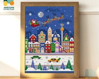 Santa's Sleigh Over Town Diamond Painting Kit Modern Diamond Painting 5d Diamond Painting Art for Festive Mosaic Kit Sampler, DS2046