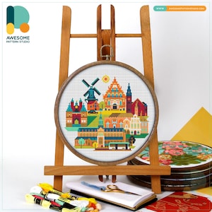 Haarlem, Netherlands, Europe Cross Stitch Pattern and Kit - Modern Embroidery Sampler for Needlework Art Enthusiasts, CS1632