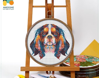 Mandala Cavalier King Charles Spaniel Cross Stitch Pattern and Kit - Modern Needlework Art, Embroidery Sampler for Pet Lovers, CS1952