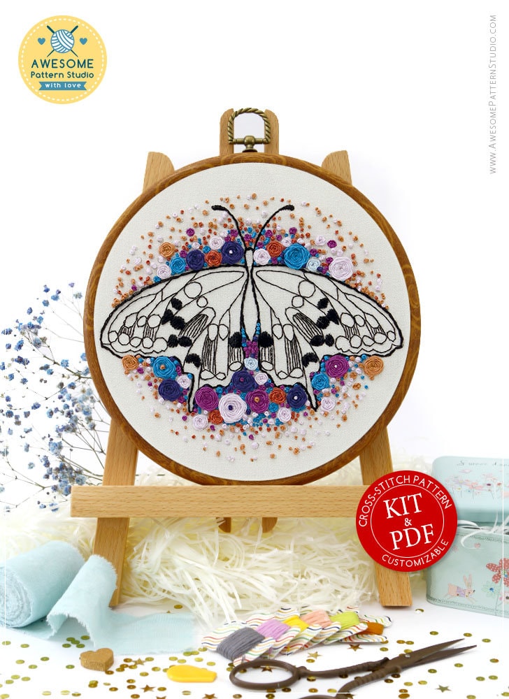 蝶と花の刺繍キットとパターン - ボヘミアン風インテリアや大人の