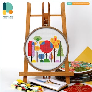 Colorful Abstract Forest Cross Stitch Pattern and Kit - Modern Needlework Art for Creative Hoop Embroidery, CS1579