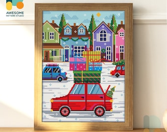 Festive Holiday Drive Diamond Painting Kit  - Modern Mosaic Wall Art, Perfect for Art or Simple Diamond Painting Enthusiasts, DS1501