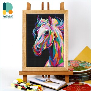 Colorful Horse Portrait Cross Stitch Pattern and Kit - Modern Needlework Art for Hoop Embroidery Enthusiasts, CS913