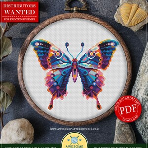 May include: A counted cross stitch pattern for a colorful mandala butterfly. The pattern is available for instant download as a PDF file. The pattern is 107 stitches wide by 86 stitches high and requires 18 colors of DMC thread.
