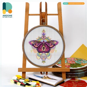 Mandala Butterfly Cross Stitch Pattern and Kit: Modern Cross Stitch Needlework Art with PDF Pattern and Embroidery Sampler, CS169