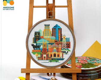 Durham, USA, America Cross Stitch Pattern and Kit - Modern Needlework Art and Embroidery Sampler for Creative Stitching, CS289