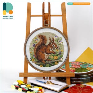 Eurasian Red Squirrel Cross Stitch Pattern & Kit - Modern Needlework Art and PDF Pattern for Embroidery Sampler Enthusiasts, CS3235