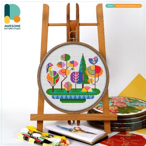 Colorful Birds and Trees Cross Stitch Pattern and Kit - Modern Hoop Art Embroidery Sampler, CS1590