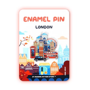 May include: Enamel pin depicting London's iconic landmarks: Big Ben, the London Eye, and a red double-decker bus. The pin is set against a backdrop of stylized buildings and the text "ENAMEL PIN LONDON".