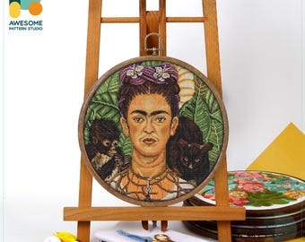 Frida Kahlo's Self-Portrait: Thorn Necklace and Hummingbird Cross Stitch Pattern and Kit - Modern Needlework Art and PDF Option, CS2220