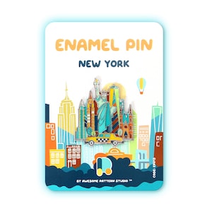 May include: Enamel pin depicting the New York City skyline, including the Statue of Liberty and a yellow taxi. The pin is on a card with the text "ENAMEL PIN NEW YORK" and "BY AWESOME PATTERN STUDIO".