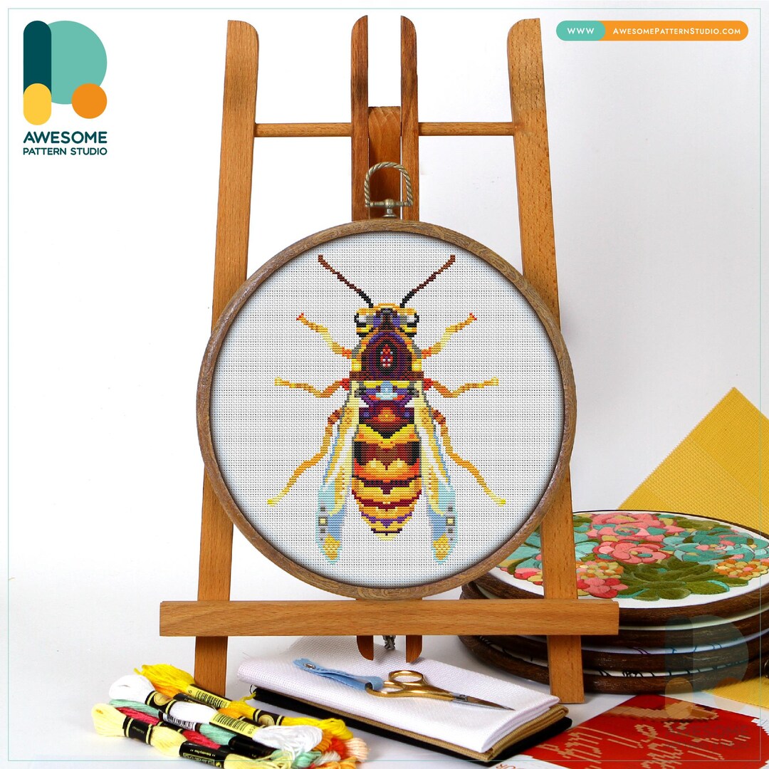 Colorful Wasp Cross Stitch Pattern and Kit - Modern Cross Stitch ...