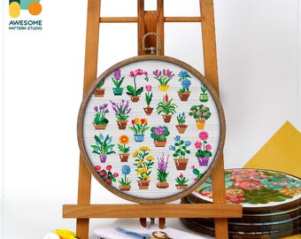Indoor Plants Collection Cross Stitch Pattern and Kit - Modern Embroidery Sampler for Needlework Art Enthusiasts, CS1638