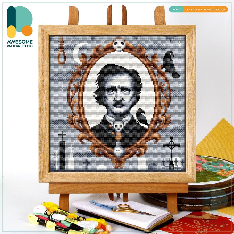 Edgar Allan Poe Portrait Cross Stitch Pattern and Kit - Modern Needlework Art Embroidery Sampler, CS1983 CS1983-1(120 x 120)