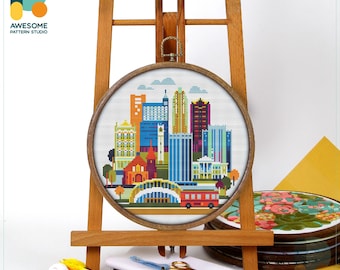 Raleigh, USA, America Cross Stitch Pattern and Kit - Modern Needlework Art and PDF Pattern for Embroidery Sampler Enthusiasts, CS604