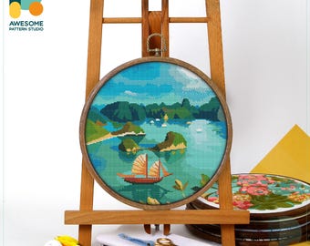 Ha Long Bay, Vietnam Cross Stitch Pattern and Kit - Modern Cross Stitch Needlework Art, CS731