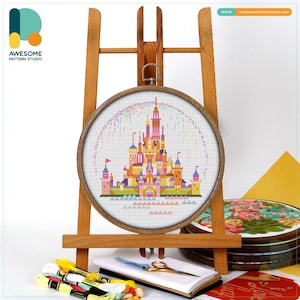 Disneyland Castle Cross Stitch Pattern and Kit: Modern Needlework Art, PDF and Hand Embroidery for Enchanting Hoop Art, CS2295