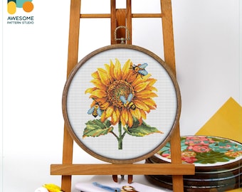 Sunflower and Bees Cross Stitch Pattern and Kit - Modern Needlework Art with PDF Pattern and Hand Embroidery Sampler, CS2608
