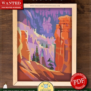 以下が含まれることがあります： ブライスキャニオン国立公園のクロスステッチパターン、デジタルダウンロードPDF。パターンは、赤い岩層、紫色の山、緑の木々があるカラフルな風景を特徴としています。パターンは幅150ステッチ、高さ200ステッチで、DMC糸18色が必要です。