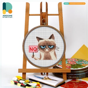 Grumpy Cat NO Cross Stitch Pattern and Kit - Funny Modern Cross Stitch with Hoop Art for Needlework Lovers, CS1662