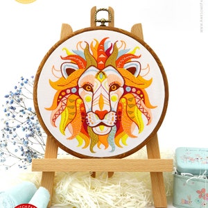 Mandala Lion  EM072, Embroidery Pattern KIT and PDF | Kit Set | Diy Kit | Modern Needlepoint | Needlepoint Frame | For Beginners