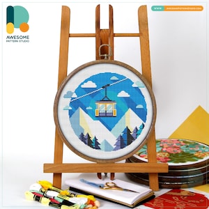 Mountain Cable Car Cross Stitch Pattern and Kit - Modern Cross Stitch Needlework Art, PDF Pattern and Hand Embroidery Delight, CS502