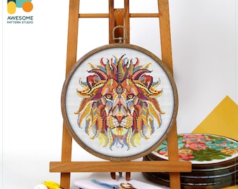 Mandala Lion Cross Stitch Pattern and Kit: Modern Needlework Art for DIY Enthusiasts, CS222
